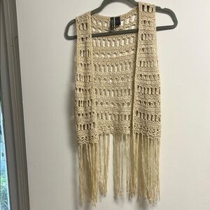 Full Tilt Cream Crochet Vest with Fringe Small Medium Retro 70s Western Festival